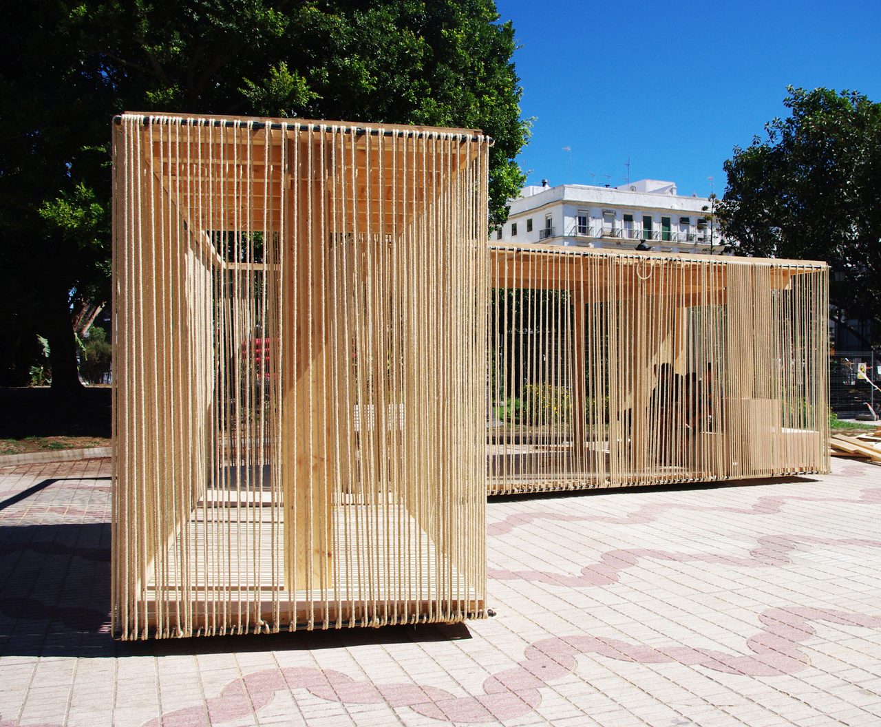 The pavilion's timber frame and rope skin from outside