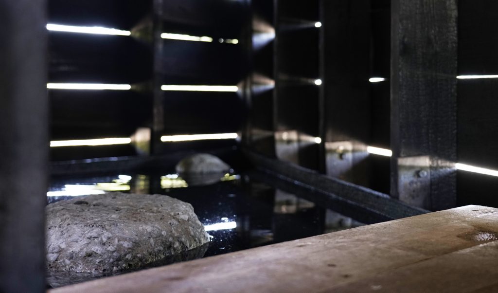 Ground-floor pool of water inside the pavilion