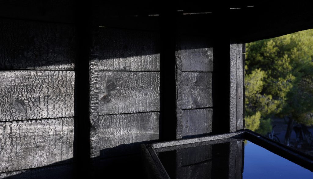 Sunlight falling on the pavilion's interior timber wall