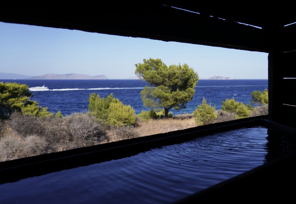 View from inside the pavilion through a window in the afternoon
