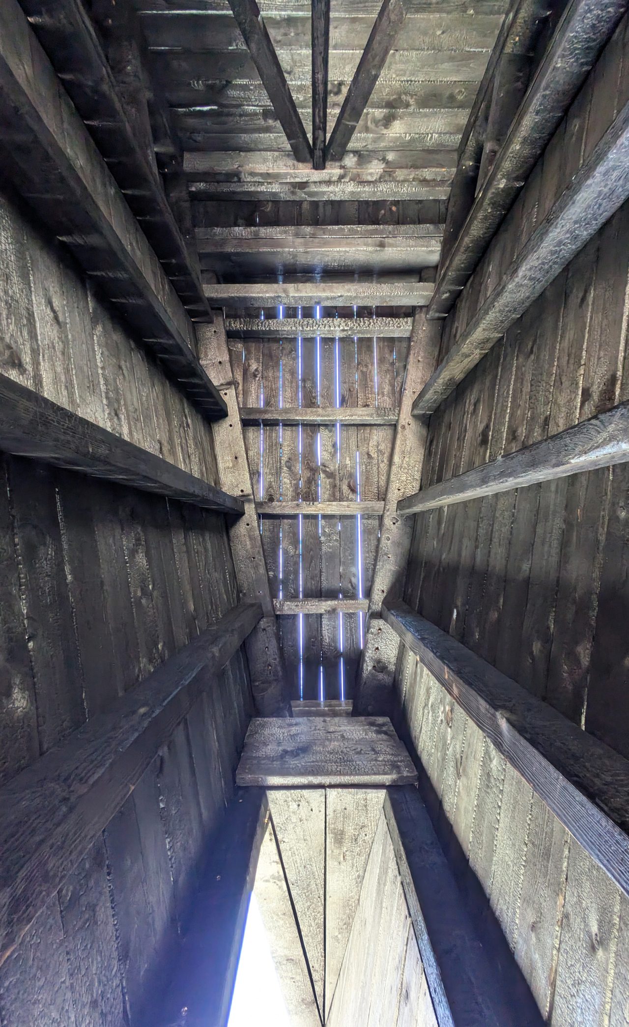 Timber ceiling beams inside the chapel