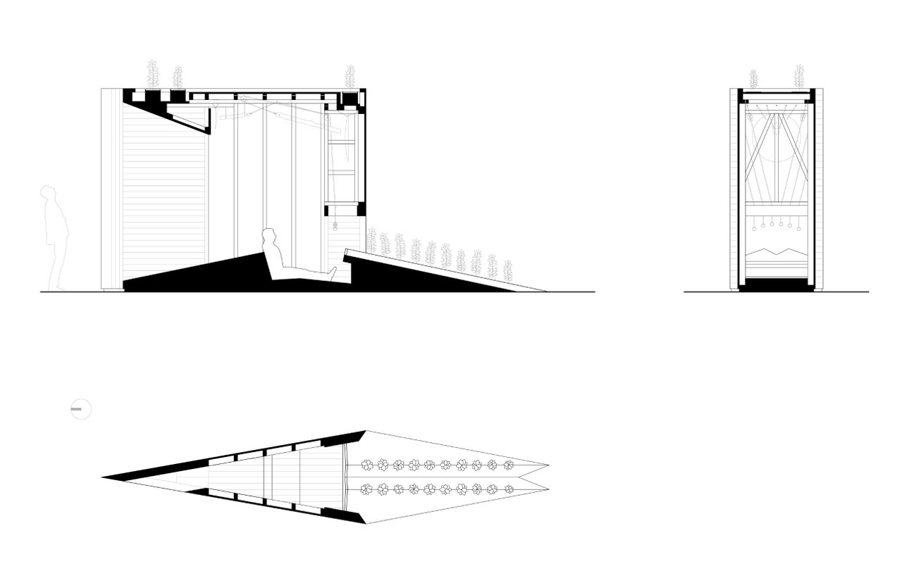 Drawings of Plough Chapel: long section with a seated visitor and the planted ramp, end section, and plan of the wedge-shaped form with two rows of planted furrows
