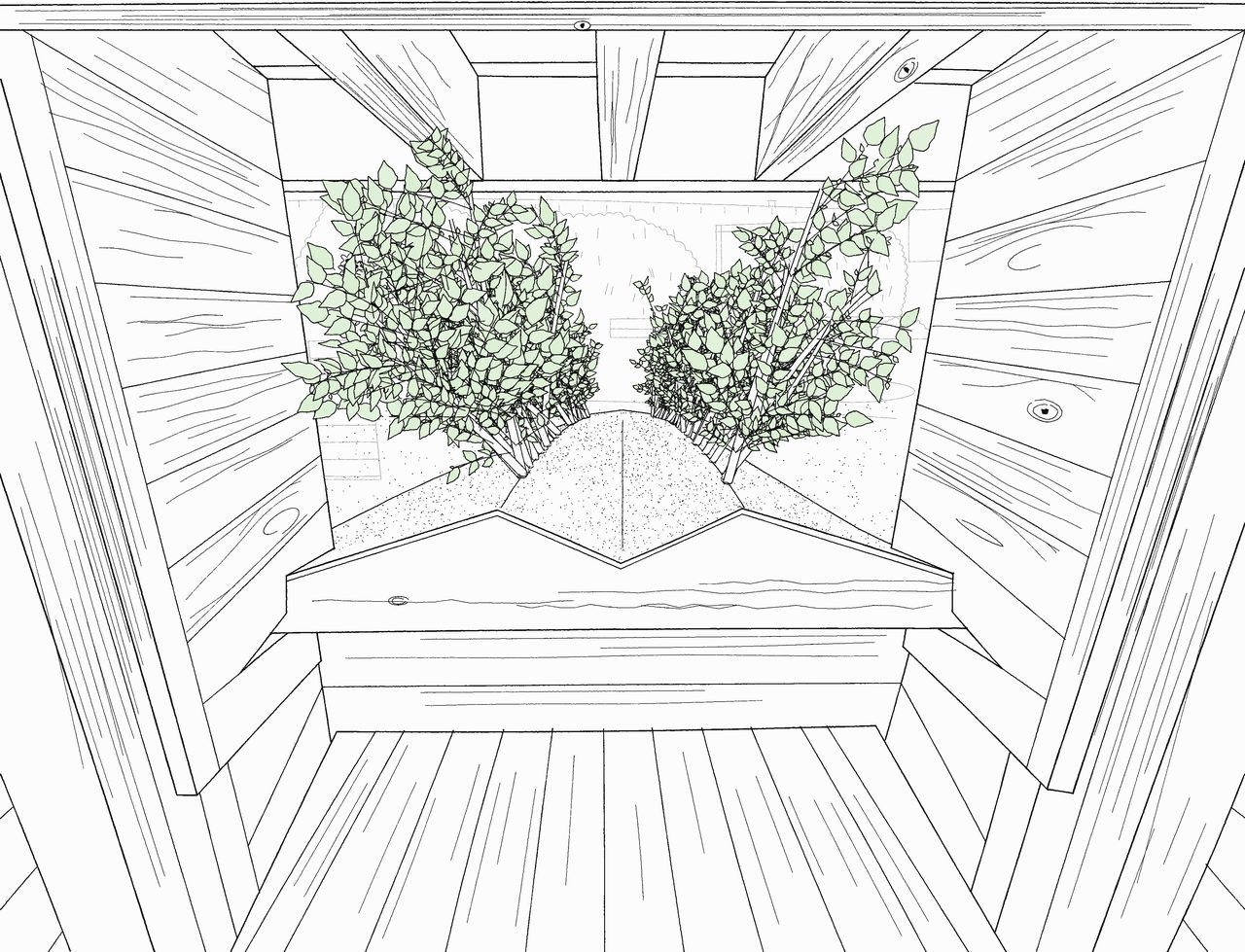 Sketch of the view from the seat through the viewport over the mature planting in the furrows