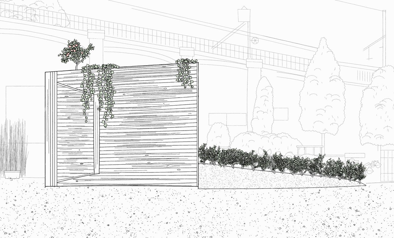 Sketch of the chapel from the side with mature planting: ivy and a small fruit tree in the roof pits and a hedge along the sloping earth bed
