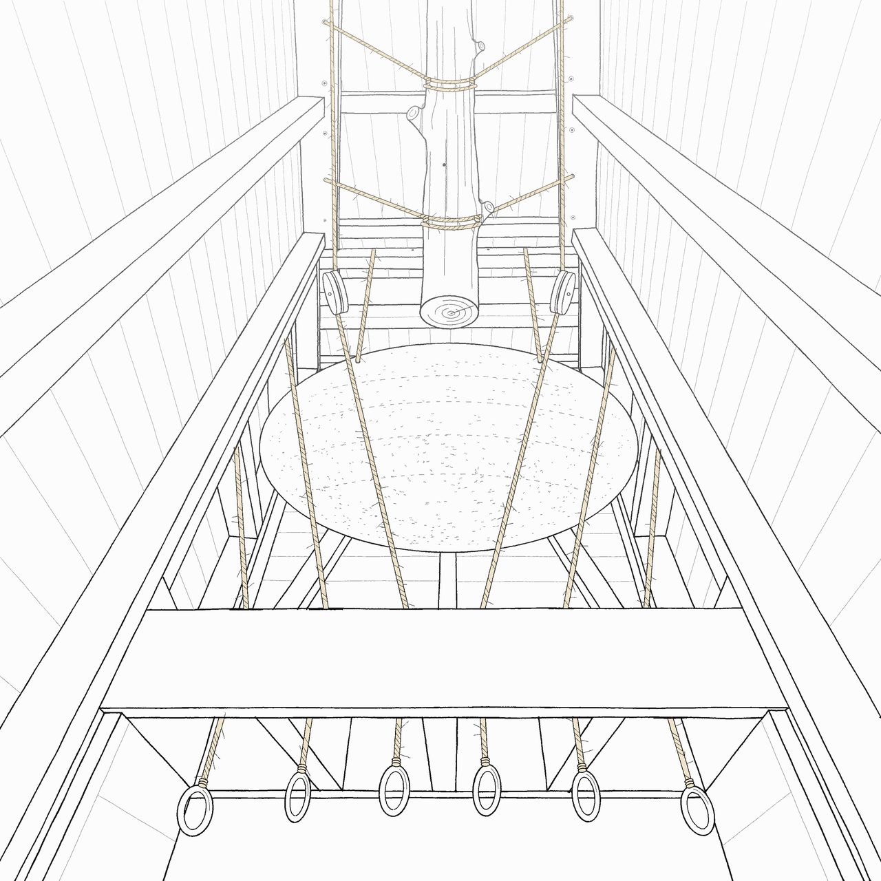 Sketch of a gong and log striker hung from the truss, worked by sisal ropes, pulleys and pull rings